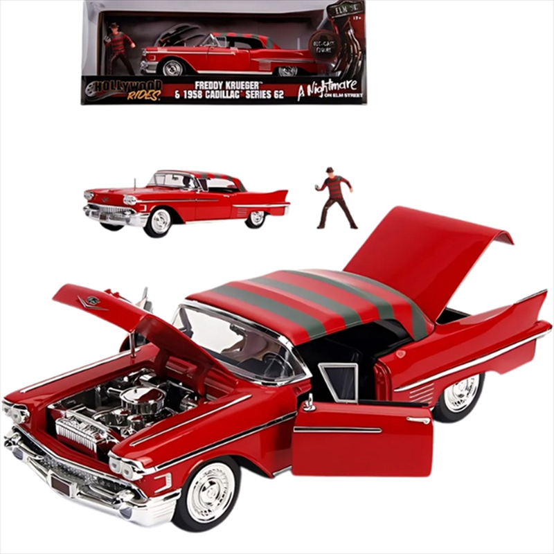 Jada #253255004 1/24 1958 cadillac series 62 with diecast freddy krueger figure, , medium-null