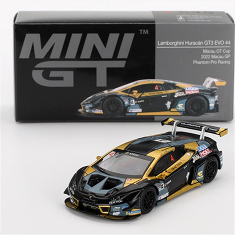 Mini gt 1/64 2022 lamborghini huracan gt3 evo #4 3rd place macau gp macau gt cup, black/yellow, , medium-null