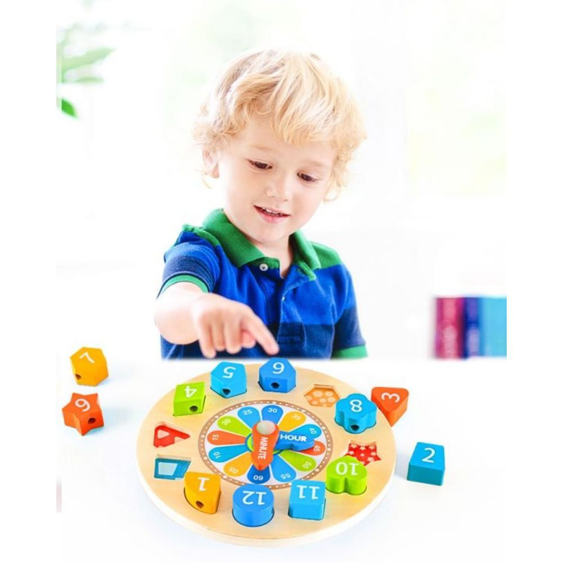 Product image: Phoohi ξύλινο εκπαιδευτικό παιχνίδι 3 σε 1, εκμάθηση ώρας, ταίριασμα σχημάτων & περνάω χάντρες, , medium-null