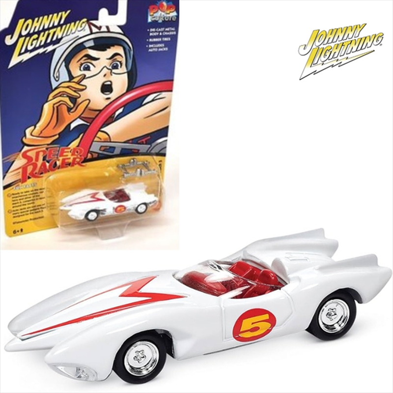 Johnny lightning 1/64 speed racer mach 5 with tin, white with mach 5 graphics, , medium-null
