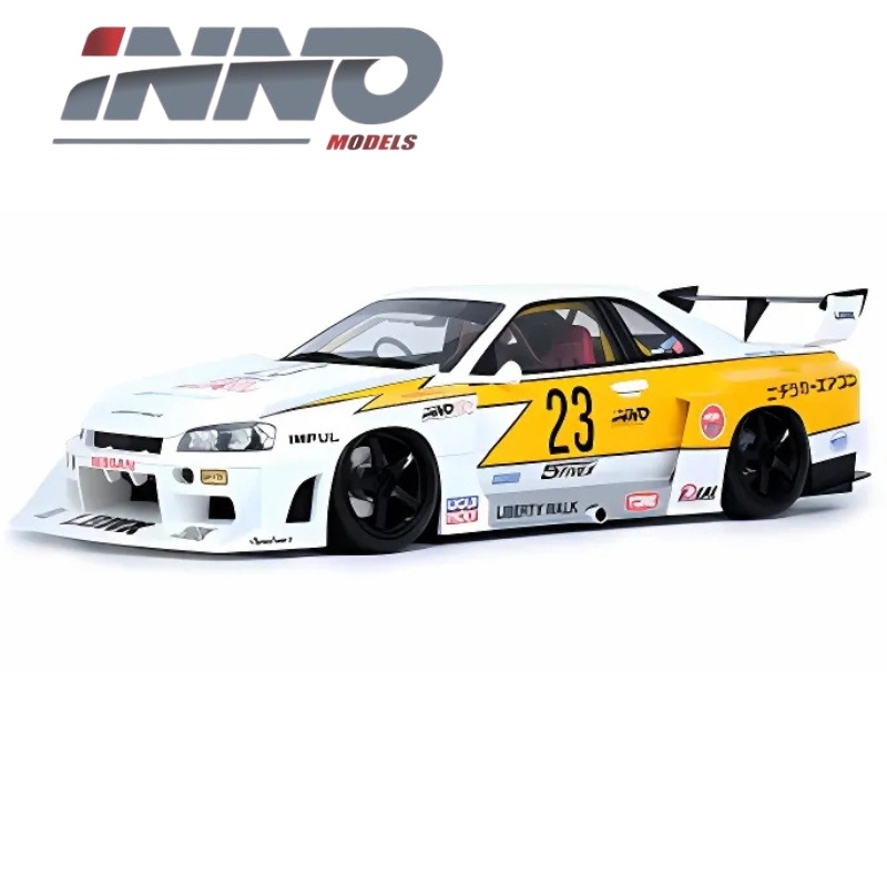 Inno models 1/18 resin nissan skyline *liberty walk* er34 super silhouette #23, white/yellow, , medium-null
