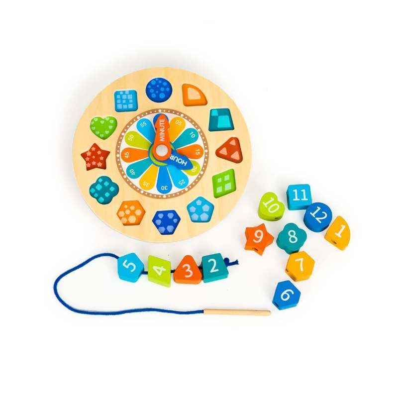 Product image: Phoohi ξύλινο εκπαιδευτικό παιχνίδι 3 σε 1, εκμάθηση ώρας, ταίριασμα σχημάτων & περνάω χάντρες, , medium-null
