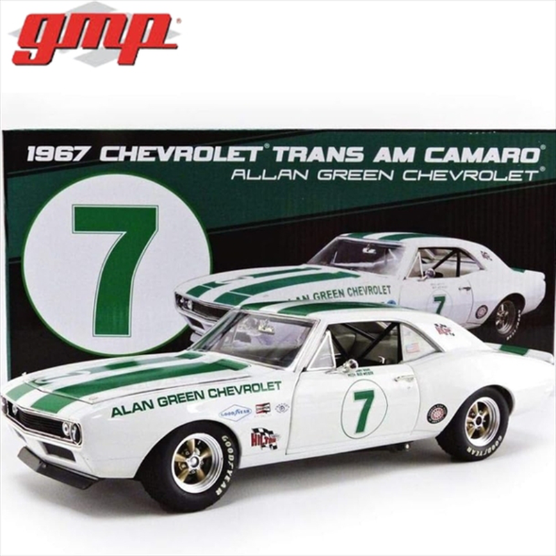 Gmp 1967 chevy camaro z/28 alan green chevrolet #7 gary gove/mark skip scott max dudley, white, 1/18, , medium-null