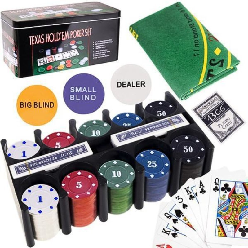 Σετ πόκερ σε μεταλλικό κουτί, 200 μάρκες casino, 2 τράπουλες και τσόχα, texas hold’em poker set, , medium-null