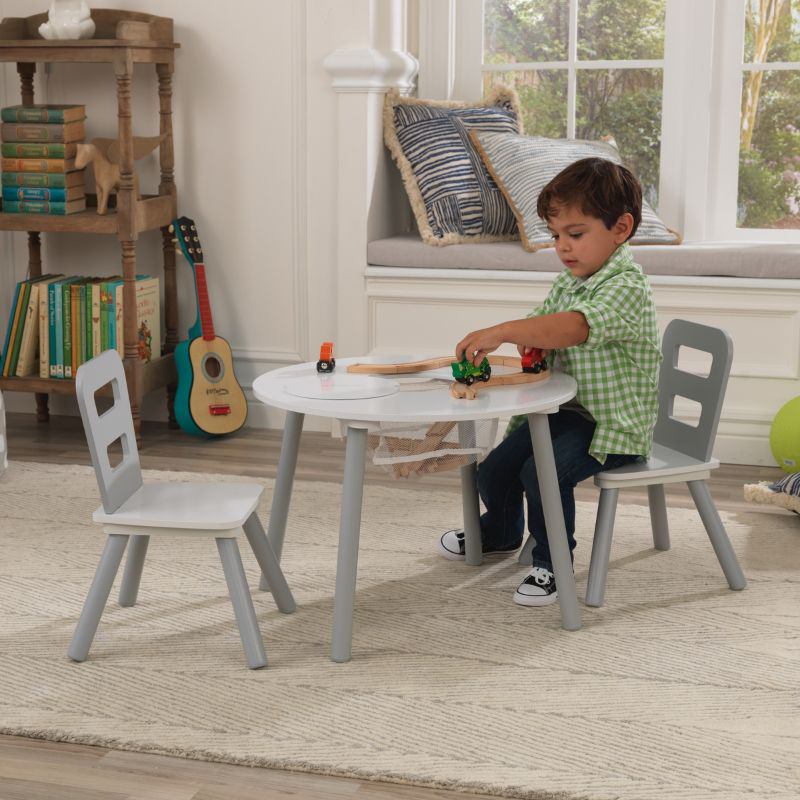 Kidkraft round storage table  2 chairs set - white/gray 26166, , medium-null