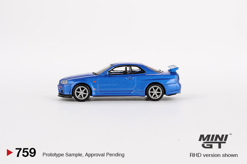 Minigt 1:64 nissan skyline gt-r (r34) v-spec bayside blue 1999 #759 – mgt00759-r die-cast model, , medium-null