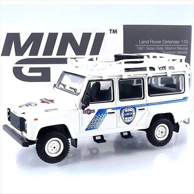 Mini gt 1/64 land rover defender 110 1991 safary rally martini support vehicle, white