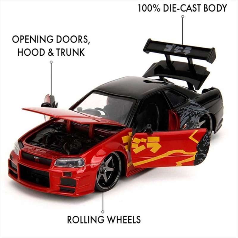 Jada 1/24 2002 nissan skyline gtr godzilla black/red with japanese graphics., , medium-null