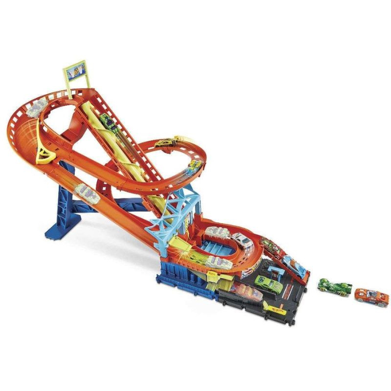 Hot wheels - city roller coaster rally track with 5 die-cast vehicles playset hjv69, , medium-null
