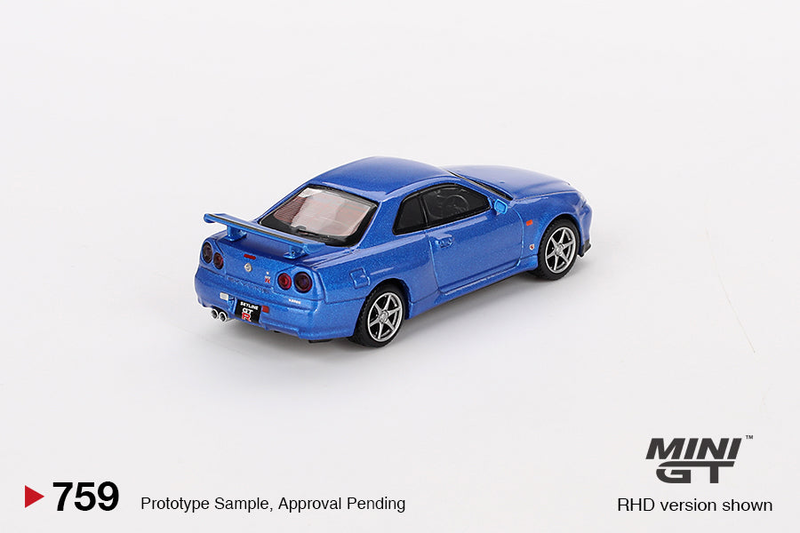 Minigt 1:64 nissan skyline gt-r (r34) v-spec bayside blue 1999 #759 – mgt00759-r die-cast model, , medium-null