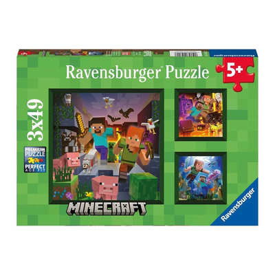 Ravensburger minecraft biomes 3×49 piece puzzle explore the world with steve & alex, ages 5+, , medium